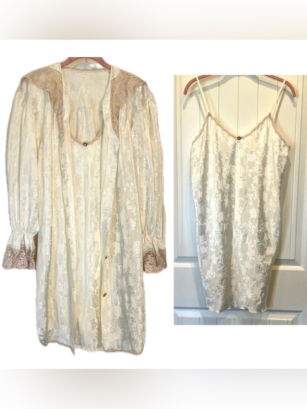 Vintage Lingerie Satin Jacquard Floral Lace Trim Robe & Slip Set Honeymoon